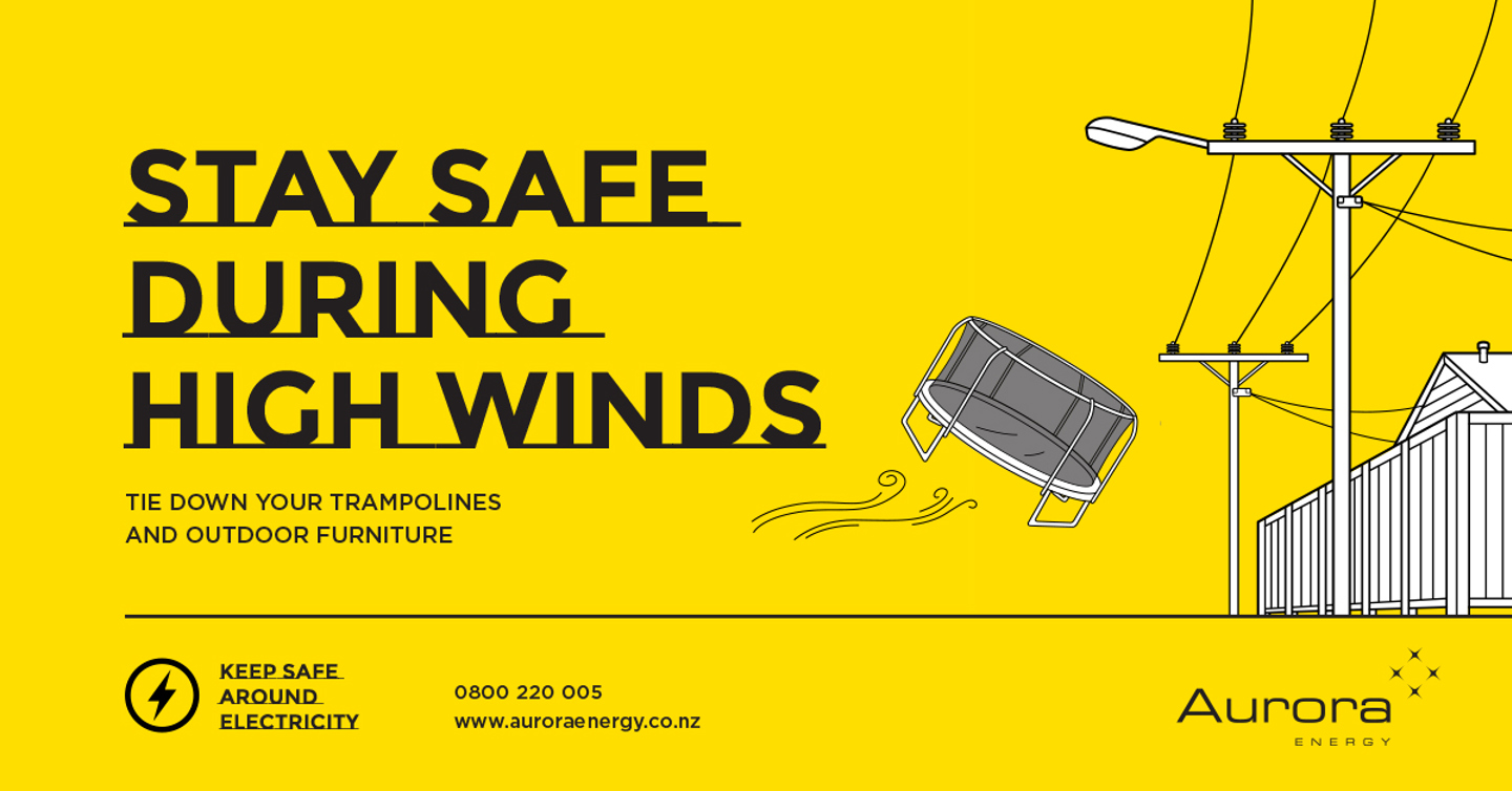 Yellow background with white line drawing showing a trampoline flying through the air toward a power line. It has the words: Stay safe during high winds. Tie down your trampolines and outdoor furniture.