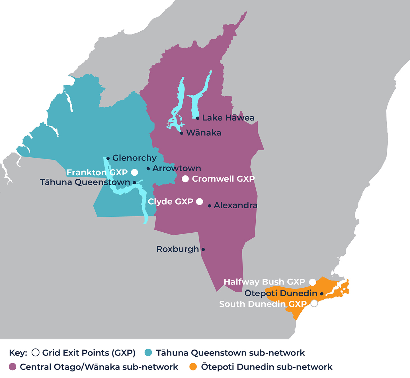 Graphic that shows the a map of the Aurora Energy Network in Otepoti Dunedin, Central Otago/Wanaka and Tahuna Queenstown.