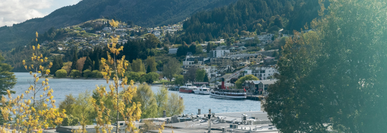 Photo of Queenstown looking across Lake Whakatipu at the TSS Earnslaw