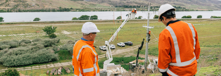 Two people wearing personal protective equipment looking at work on a power pole