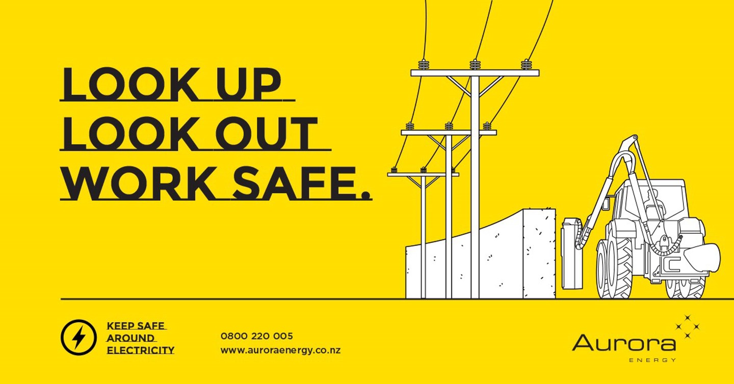 A yellow background with line drawing of a tractor with a hedge trimming attachment driving alongside a hedge that is growing next to powerlines. The picture has the words: Look up. Look out. Work safe. A yellow background with line drawing of a tractor with a hedge trimming attachment driving alongside a hedge that is growing next to powerlines. The picture has the words: Look up. Look out. Work safe.