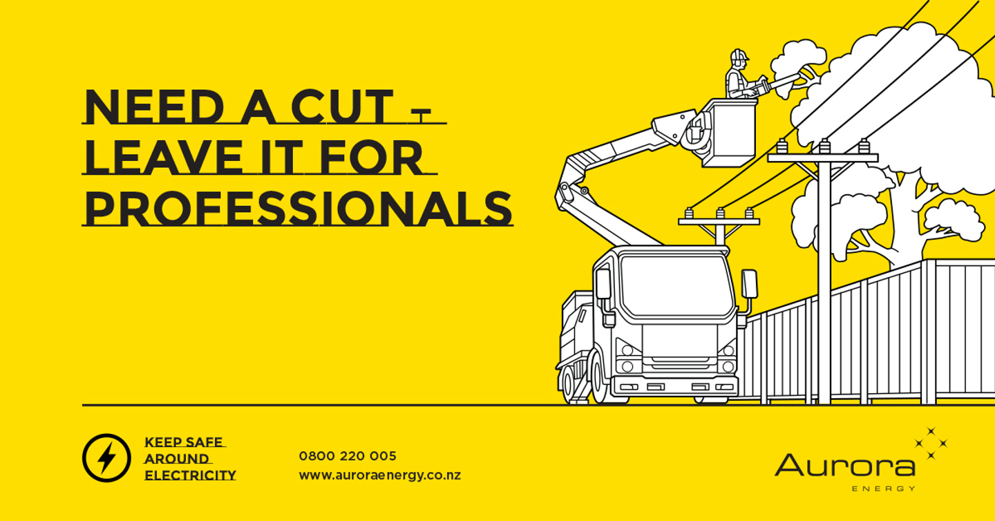 Yellow background, line drawing depicting a person in a bucket truck trimming a tree that is growing over powerlines. The picture has the words: Need a cut - leave it for professionals.