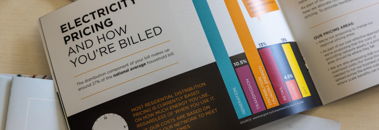 Photo of Aurora Energy's pricing guide, open on a page that reads: Electricity pricing and how you're billed.