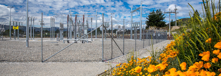 Photo of substation with bright orange flowers in the right foreground and a cloudy blue sky.