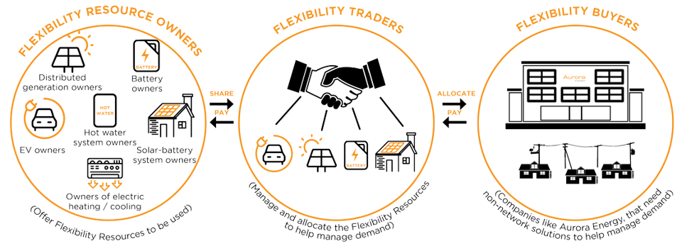 Diagram showing flexibity resource owners - distributed energy resource owners, battery owners, EV owners, hot water owners, solar battery system owners, electric heating and colling owners. Service providers, and flexibility buyers