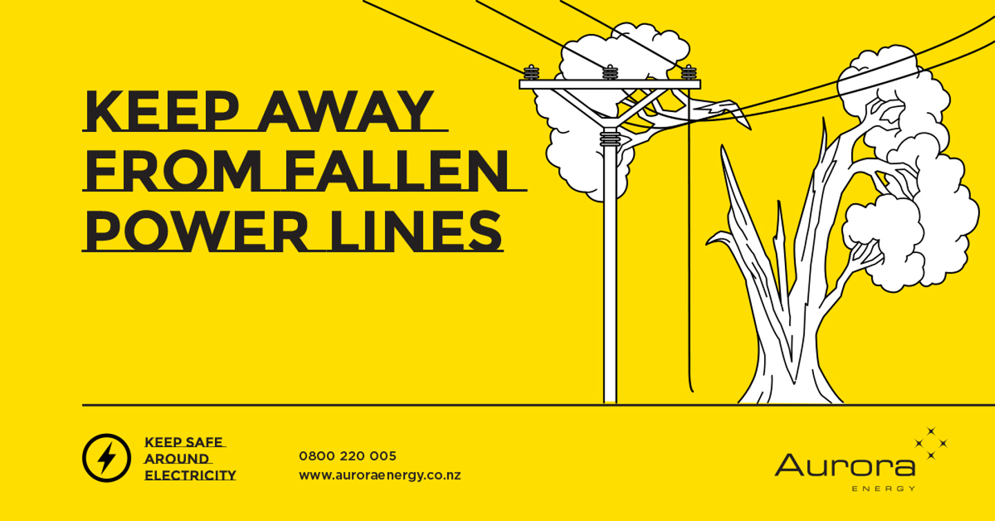 Yellow background, white line drawing showing a broken tree branch on a power line with one line broken and dangling toward the ground. It has the words: Keep away from fallen power lines.