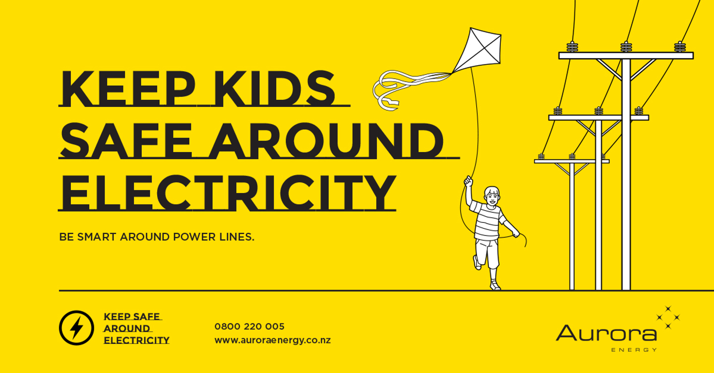 A yellow background with white line drawing showing a child running alongside powerlines, flying a kite. It has the words: Keep kids safe around electricity. Be smart around power lines.