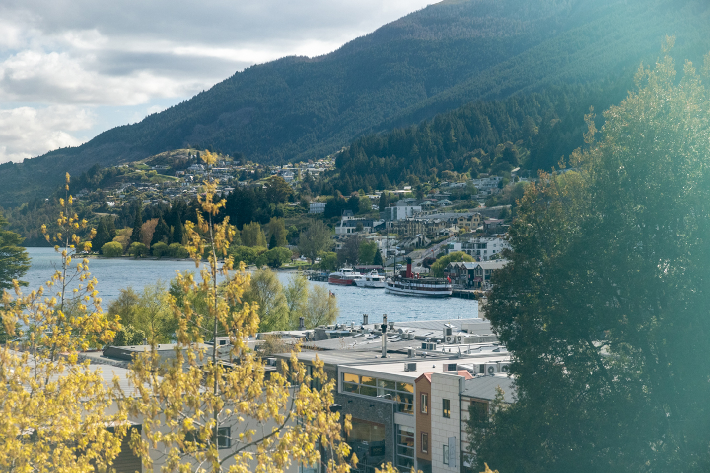 A photo overlooking Lake Wakatipu with trees and the CBD in the foreground.