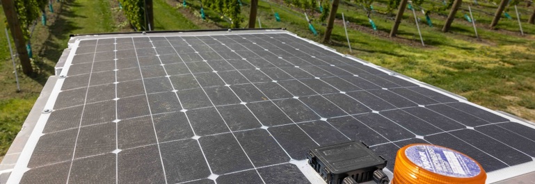 Solar panel in foreground with lines of vines, out of focus in the background