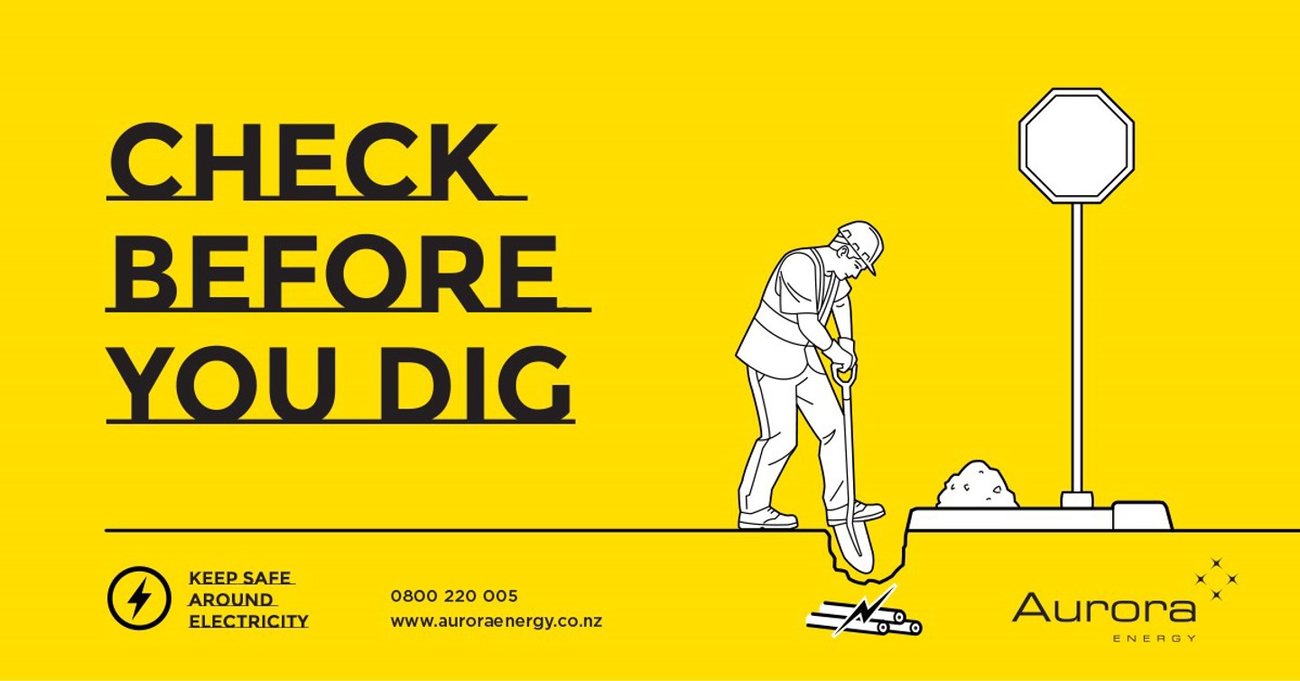 Line drawing on a yellow background of a person digging above underground cables. It has the words: Check before you dig. Line drawing on a yellow background of a person digging above underground cables. It has the words: Check before you dig.