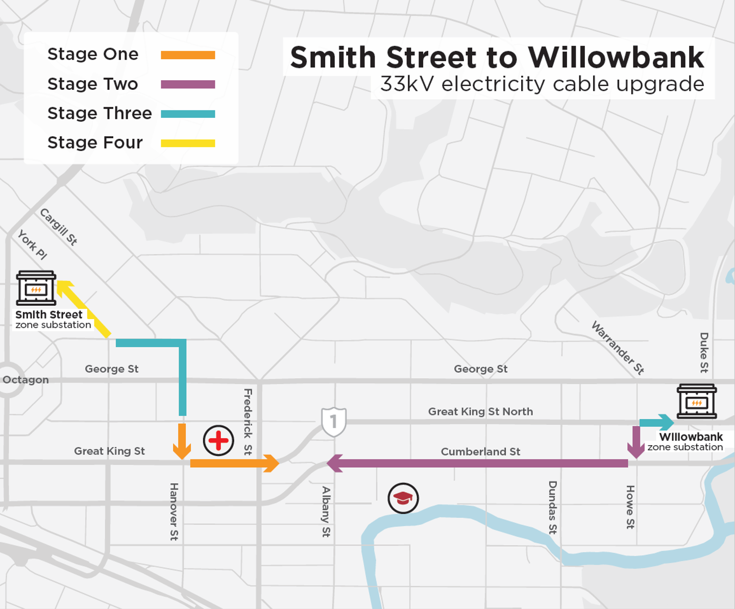 Project map 
The below map shows the staged approach.
Stage 1 = Yellow,  Stage 2 = Orange, Stage 3 = Green, Stage 4 = Black.